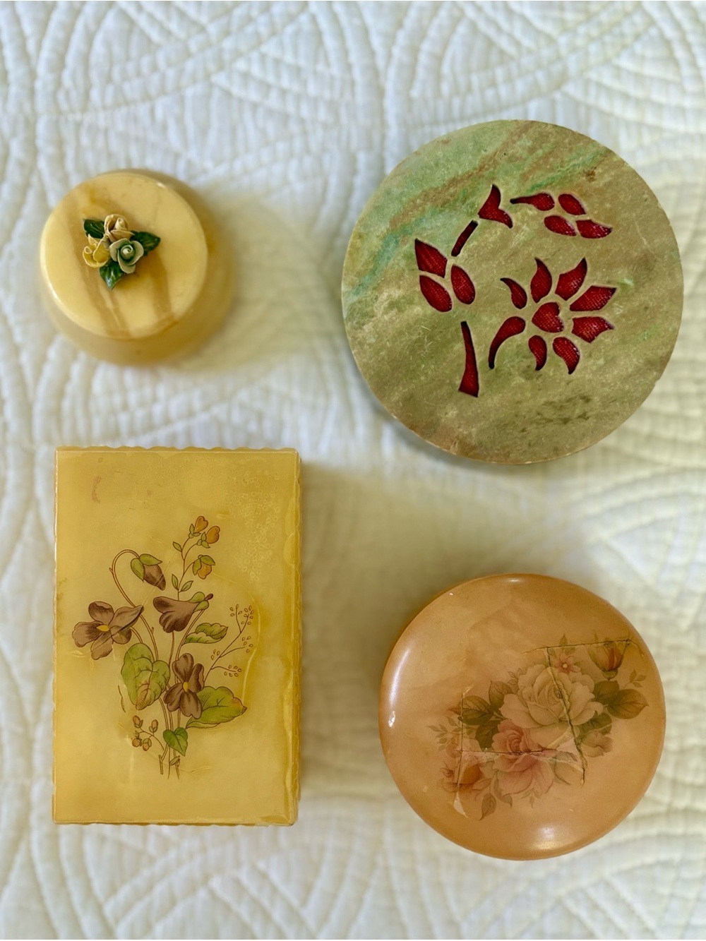 Alabaster Vintage Trinket Dishes  with Floral Detail Set of Two